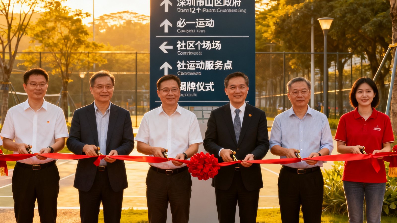 深圳南山区政府与必一运动联合举办的新增12个社区运动服务点揭牌仪式，现场有社区代表和政府官员共同剪彩，背景是崭新的社区运动场地指示牌