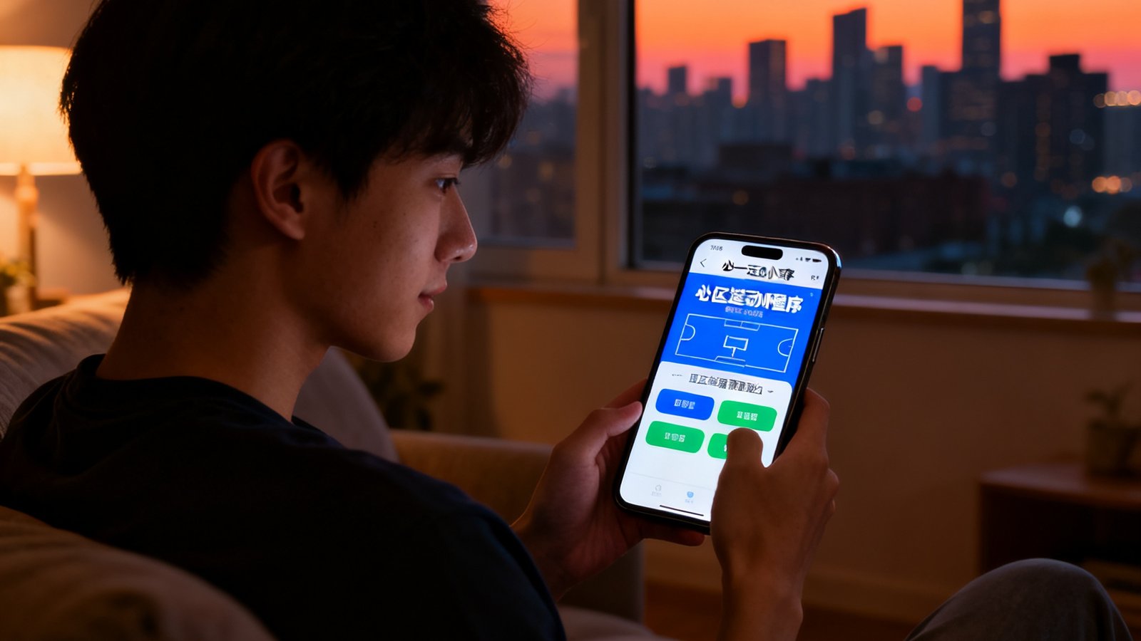 一位年轻居民正坐在家中沙发上使用手机打开必一运动小程序，手机屏幕清晰地展示着社区篮球场的实时预约界面，蓝色和绿色的可选时段按钮一目了然，窗外是傍晚的城市天际线